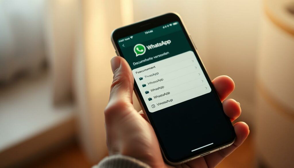 A detailed close-up shot of a hand holding a smartphone, the screen displaying the WhatsApp interface with a file upload menu open. Soft, warm lighting illuminates the scene, creating a natural, inviting atmosphere. The hand is poised, ready to send a document, conveying the effortless ease of the "Dokumente versenden" feature. The smartphone's screen is crisp and clear, highlighting the various file types available for selection. The background is subtly blurred, keeping the focus on the central action. An understated, elegant composition that showcases the hidden functionality of WhatsApp.