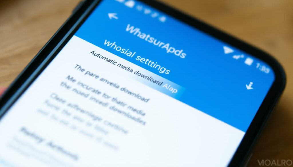 A detailed close-up view of the Android WhatsApp settings menu, showing the "Media downloads" section with various options to control automatic media downloads. The interface is clean and modern, with a blue and white color scheme. The screen is well-lit, creating a sense of clarity and focus on the relevant settings. The depth of field is shallow, keeping the settings menu in sharp focus while the background is slightly blurred. The angle is slightly tilted to provide a natural and inviting perspective. The overall mood is one of functionality and ease of use, reflecting the practical nature of the task at hand.