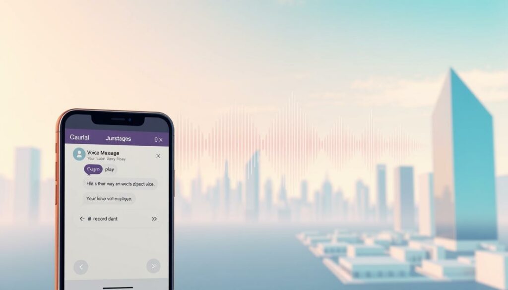 A detailed digital illustration showcasing the additional functions of voice messages. In the foreground, a smartphone displays a voice message interface with various control buttons and icons, such as play, pause, rewind, and record. The middle ground features a holographic-style visualization of sound waves, emphasizing the auditory nature of the feature. The background depicts a minimalist, futuristic cityscape with sleek skyscrapers and a serene, blue-hued sky, conveying a sense of modern technology and seamless communication. The overall scene is bathed in a warm, diffused lighting, creating a clean and inviting atmosphere. The composition is carefully balanced, with a focus on the smartphone interface and the dynamic sound visualization, highlighting the core functionality of the feature.