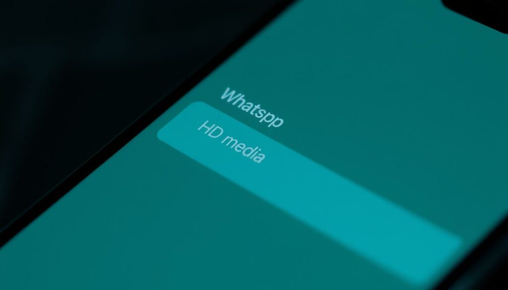 A detailed, high-resolution image of a smartphone screen displaying the WhatsApp settings menu, with the "HD media" option clearly visible and highlighted. The screen is well-lit, showcasing the clean, intuitive interface of WhatsApp. The image is captured at a slight angle, emphasizing the simplicity and accessibility of the feature. The background is blurred, placing the focus entirely on the smartphone screen and the settings menu. The overall mood is one of clarity and ease of use, reflecting the section title "WhatsApp Medien in hoher Qualität: HD-Option als Standard einstellen".