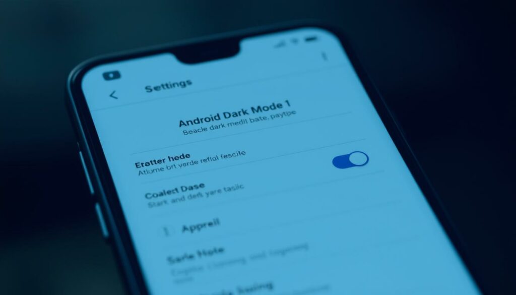 A detailed, high-resolution image of a smartphone screen showcasing the process of enabling Android Dark Mode. The screen is prominently displayed in the foreground, with a soft, moody lighting that creates a sense of depth and atmosphere. The interface elements, such as the settings menu and toggle switches, are clearly visible, allowing the viewer to understand the step-by-step instructions for activating the dark mode feature. The background is blurred, creating a subtle, out-of-focus setting that keeps the focus on the smartphone screen. The overall tone is one of simplicity and ease, reflecting the straightforward nature of the task at hand.