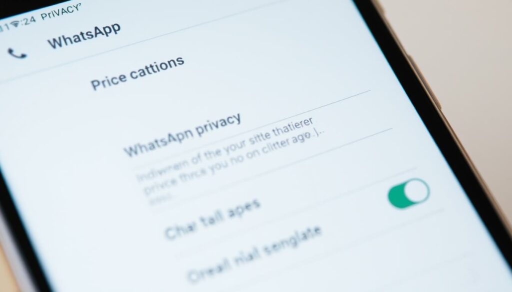 A detailed, high-resolution image of the WhatsApp privacy settings screen, showcasing the various options and controls for managing individual contact privacy. Crisp, clean UI design with soft, muted colors. The screen fills the frame, with the background blurred and out of focus, drawing the viewer's attention to the privacy settings interface. Minimalist, intuitive layout with clear labels and toggles for each privacy option. Subtle drop shadows and highlights create a sense of depth and interactivity. The overall mood is one of simplicity, control, and digital privacy.