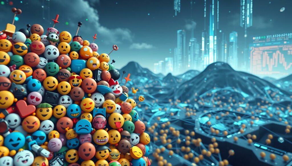 A detailed illustration showcasing the technical integration of various emoji symbols. In the foreground, a collage of different emoji icons in diverse colors and styles, seamlessly blended together. In the middle ground, a complex network of interconnected lines and shapes, representing the underlying data structures and algorithms powering the integration. The background depicts a futuristic, high-tech landscape with holographic displays and pulsing data streams, conveying the advanced technological framework enabling the integration. Soft, diffused lighting creates a sense of depth and atmosphere, while a cinematic camera angle adds a sense of grandeur and importance to the scene. The overall mood is one of innovation, interconnectivity, and the evolution of digital communication.