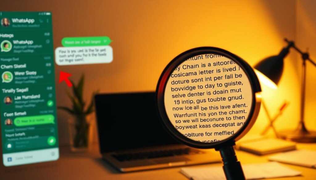 A detailed image analysis of a chain letter, depicted in a crisp, realistic style. In the foreground, a WhatsApp chat interface shows the progression of a message, with arrows illustrating its viral spread. In the middle ground, a magnifying glass scrutinizes the contents of the chain letter, revealing its deceptive nature. The background features a clean, minimalist workspace, with a laptop and office supplies, conveying an investigative, analytical atmosphere. Warm, directional lighting casts subtle shadows, adding depth and dimensionality to the scene. The overall mood is one of careful examination, highlighting the importance of critically analyzing the nature of viral messages.