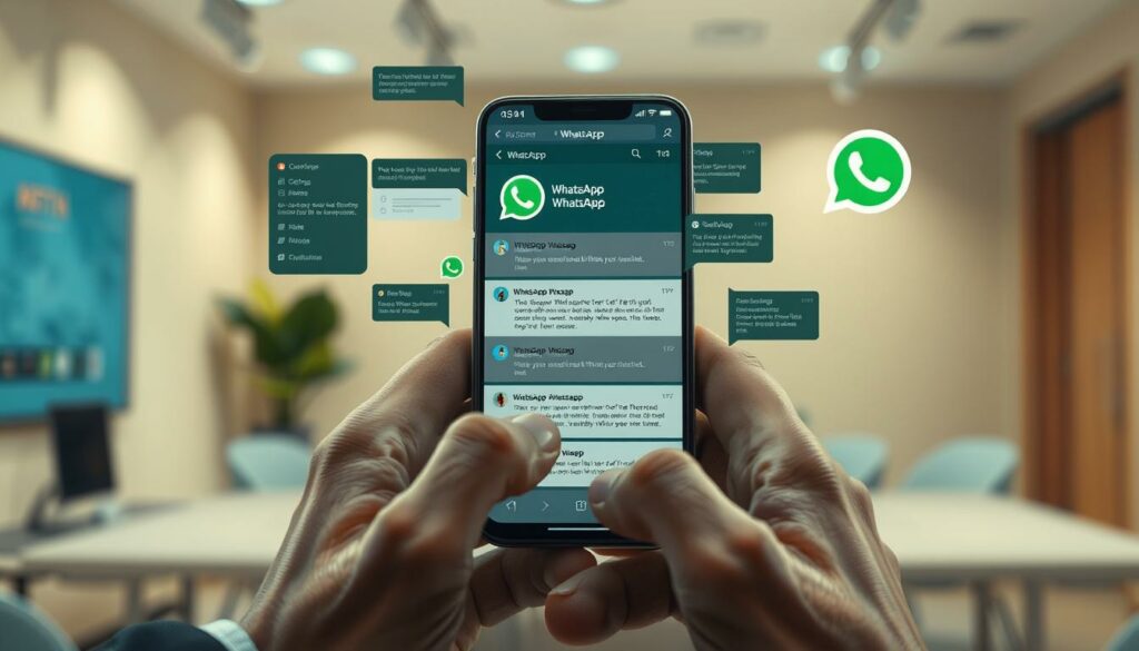 A detailed, photorealistic digital illustration depicting a troubleshooting scenario for WhatsApp. In the foreground, a person's hands interacting with a smartphone displaying the WhatsApp interface. The smartphone screen shows various error messages and options for resolving common issues. In the middle ground, additional UI elements and menus float around the smartphone, conveying a sense of digital complexity. The background features a blurred, minimalist office environment with neutral tones, suggesting a professional, problem-solving context. The lighting is soft and diffused, creating a calm, focused atmosphere. The overall composition emphasizes the user's interaction with the technology and the process of troubleshooting and resolving WhatsApp problems.
