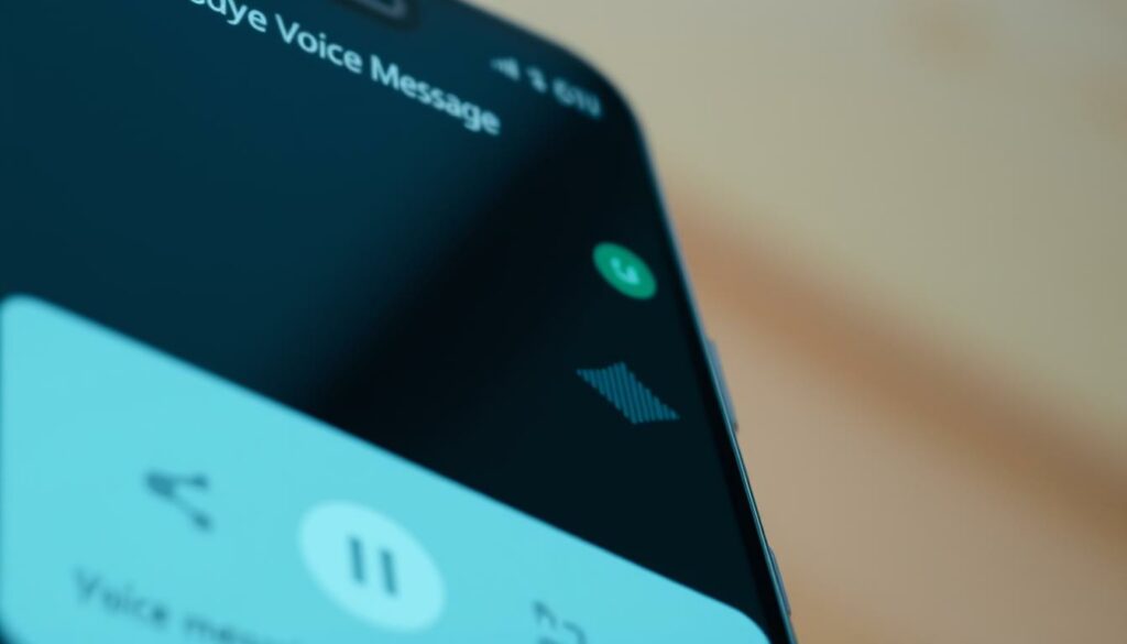 A detailed screenshot of the Android WhatsApp app's interface, showcasing the process of saving a voice message. The foreground features a realistic, high-resolution depiction of the app's voice message player controls, including the play/pause button, timer, and waveform visualization. The middle ground displays the conversation thread, with the voice message bubble prominently displayed. The background subtly blurs out to focus attention on the key UI elements. The lighting is natural and soft, conveying a calm, informative atmosphere. The camera angle is slightly angled to provide a clear, unobstructed view of the relevant features. The overall composition and level of detail accurately reflects the section title and subject matter.