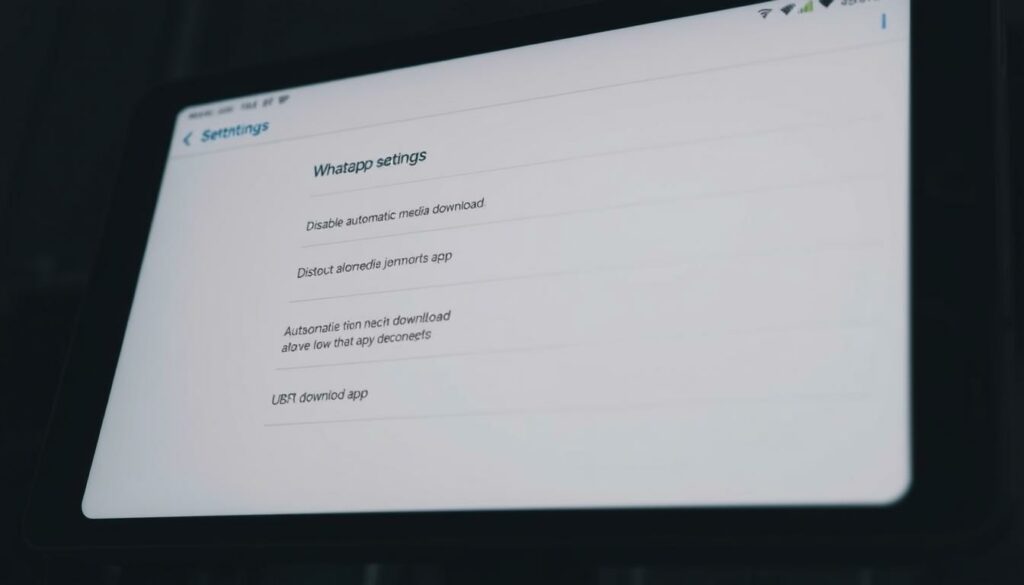 A detailed screenshot of the iOS WhatsApp settings menu, showcasing the options to disable automatic media downloads. The screen should be well-lit, with a clean, minimalist interface displayed in a soft, neutral color palette. The image should be captured at a slight angle, providing a clear view of the relevant settings toggles and options. The overall atmosphere should convey a sense of streamlined efficiency and user-friendliness, reflecting the task of disabling unwanted media downloads in the WhatsApp app.