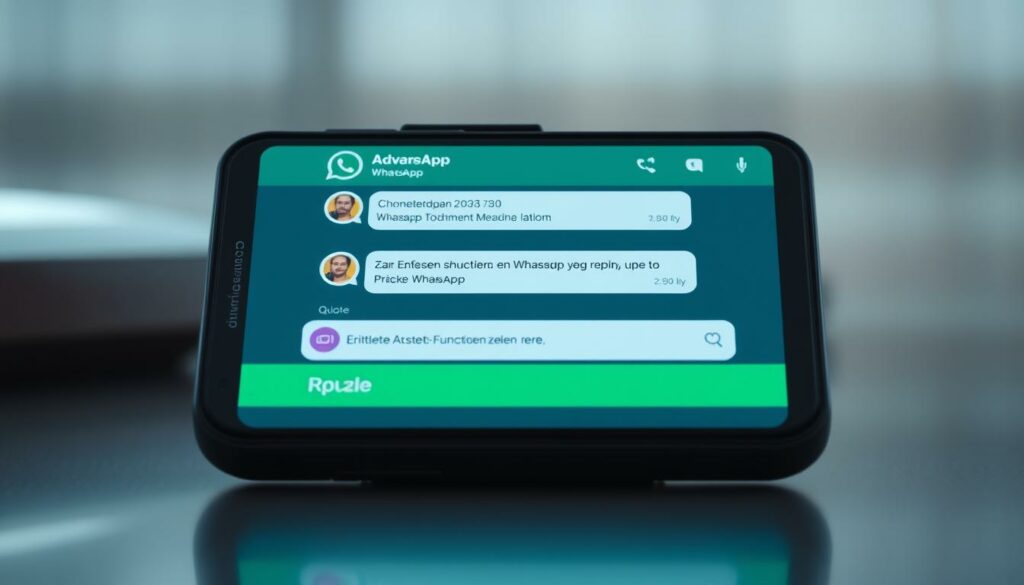 A detailed, vibrant screenshot of an advanced WhatsApp chat interface, showcasing expanded messaging features. The foreground depicts a mobile device display with a WhatsApp conversation, highlighting the "Quote" and "Reply" options below each message. The middle ground features clean, minimalist UI elements, seamlessly blending with the mobile device. The background subtly conveys a serene, professional atmosphere, with soft lighting and muted tones complementing the overall design. The image captures the practical and intuitive nature of the enhanced WhatsApp functionality, creating a visually appealing representation of the "Erweiterte Antwort-Funktionen nutzen" section.