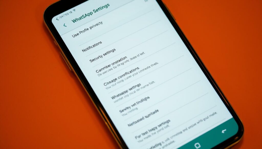 A detailed view of the WhatsApp settings menu, displayed on a modern smartphone device. The screen shows various configuration options, including user profile, privacy, notifications, and security settings. The interface is clean and intuitive, with icons and text labels guiding the user through the different sections. The overall atmosphere is calm and focused, conveying a sense of control and customization over the messaging app's functionality. Warm, neutral lighting illuminates the screen, creating a pleasant and professional aesthetic suitable for an article illustration.