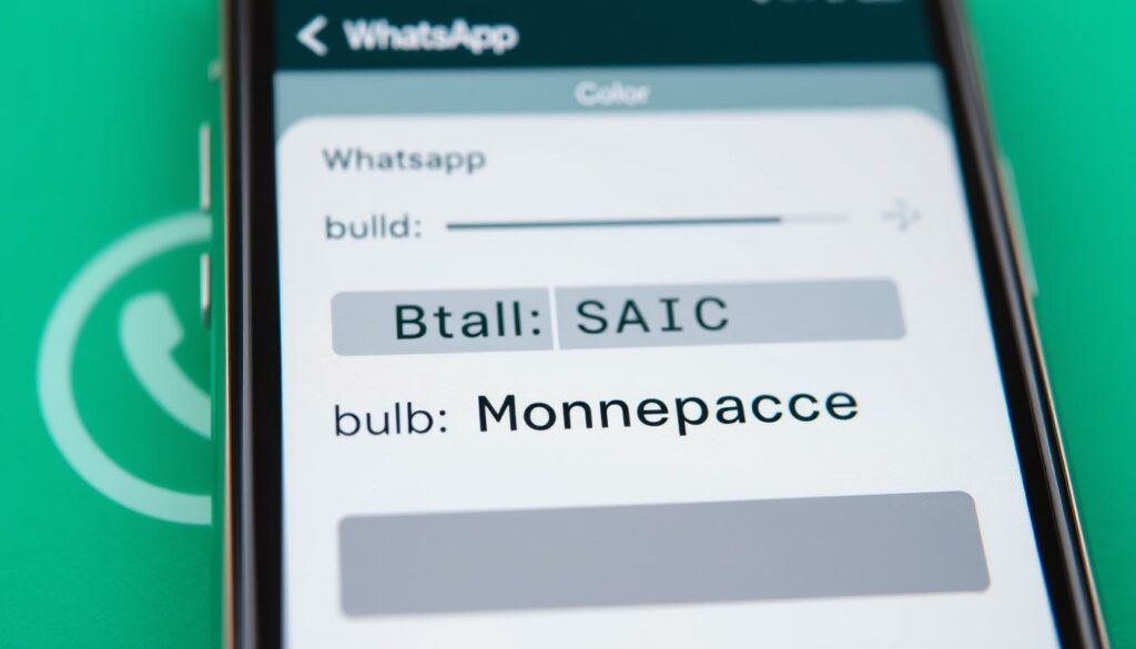 A detailed, well-lit close-up view of the WhatsApp mobile app interface, showcasing the various text formatting options available to users. The foreground prominently displays the bold, italic, strikethrough, and monospace formatting tools, while the middle ground features the font size and color selection menus. The background subtly shows the WhatsApp chat window, providing context for the formatting features. The overall scene conveys a clean, minimalist aesthetic with a focus on the user-friendly functionality of the WhatsApp formatting options.