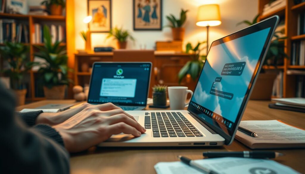 A detailed, well-lit scene of a person troubleshooting a WhatsApp issue on a laptop computer. The foreground shows the person's hands typing on the keyboard, the laptop screen displaying WhatsApp's interface. The middle ground features various troubleshooting tools such as a smartphone, a notepad, and a reference manual. The background depicts a cozy home office setting with bookshelves, potted plants, and warm lighting, conveying a sense of focused problem-solving in a comfortable environment. The overall mood is one of determined, methodical troubleshooting.