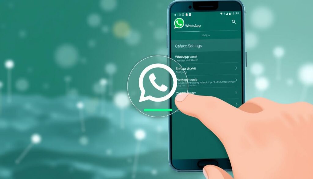 A digital illustration depicting the process of clearing the WhatsApp cache. In the foreground, a hand tapping on a smartphone screen, the screen displaying the WhatsApp settings menu. In the middle ground, a magnifying glass icon and a circular loading indicator, symbolizing the cache clearing process. In the background, a blurred, minimalist landscape of digital elements, such as data bars and network signals, conveying a sense of technology and connectivity. The lighting is soft and diffused, creating a clean, modern aesthetic. The overall mood is one of efficiency and problem-solving, reflecting the section title "Wie kann man WhatsApp-Medien wiederherstellen?".