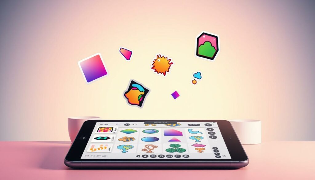 A digital workspace with a stylized user interface showcasing the creation of vibrant, AI-generated stickers. In the foreground, a sleek tablet or tablet-like device displays a variety of customizable sticker templates and tools, inviting the user to experiment with colors, textures, and shapes. The middle ground features floating, animated sticker elements that demonstrate the dynamic nature of the sticker-making process, hinting at the flexibility and creativity empowered by the AI-driven system. The background sets an elegant, minimalist tone with subtle gradients and dynamic lighting, highlighting the sophisticated, cutting-edge nature of the KI-basierte Sticker-Erstellung technology. The overall scene conveys a sense of intuitive, modern design and the empowerment of users to craft unique, expressive digital content.