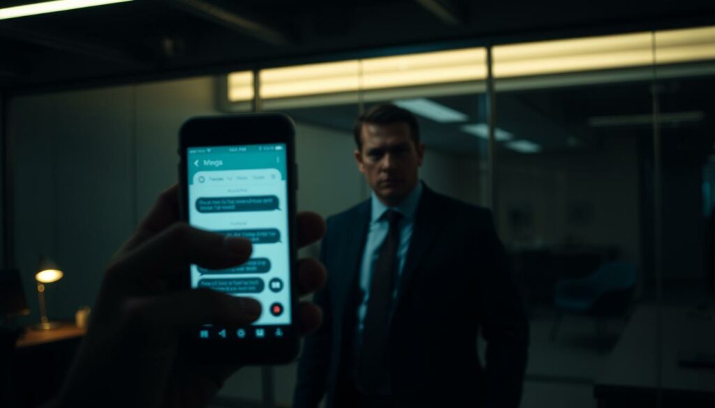 A dimly lit, modern office space with a sense of unease. In the foreground, a mobile device displaying a messaging app is obscured, indicating a forbidden action. The middle ground features a stern-faced person in professional attire, their expression conveying a warning. The background is blurred, emphasizing the focal point of the prohibited activity. Dramatic chiaroscuro lighting casts long shadows, heightening the feeling of secrecy and potential consequences. A cinematic, moody atmosphere pervades the scene, reflecting the gravity of the situation depicted.