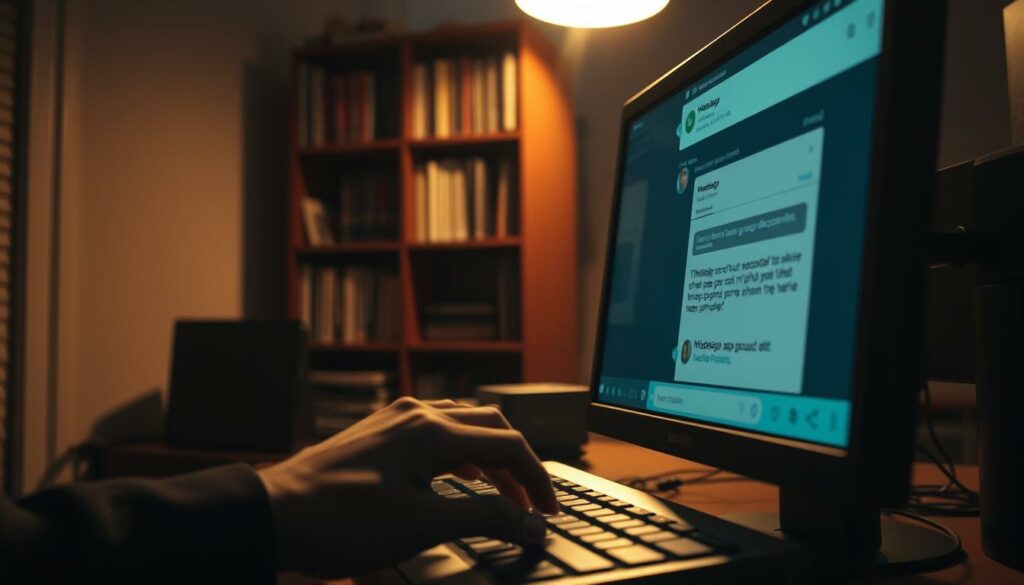 A dimly lit office space, with a desktop computer in the foreground, its screen displaying a WhatsApp group chat interface. In the middle ground, a user's hand hovers over the keyboard, struggling to type a long group description. The background features a bookshelf, casting warm, muted lighting across the scene. Subtle lens flare and a shallow depth of field add a sense of technical complexity and the limitations of the medium. The overall mood is one of thoughtful contemplation, as the user grapples with the constraints of the group description feature.