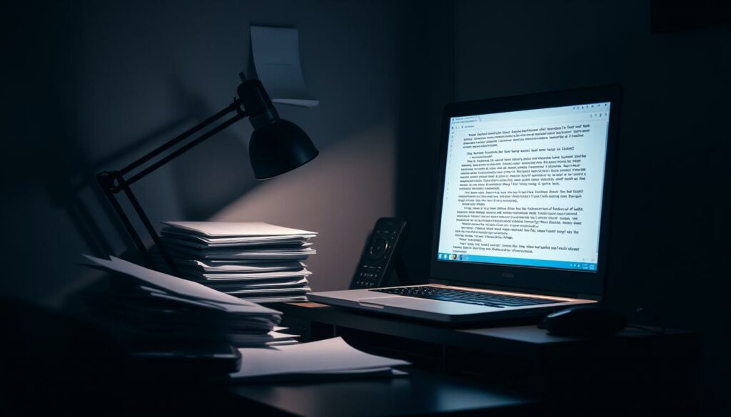 A dimly lit office workspace, a desk cluttered with documents, a laptop, and a headset microphone. On the screen, a voice transcription interface with garbled text, highlighting the challenges of automated speech-to-text conversion. Soft shadows cast by a single desk lamp create a pensive atmosphere, symbolizing the frustrations and difficulties associated with "Sprache transkription Probleme". The scene conveys the complexities and limitations of transforming spoken language into written form, a central theme for the "Einschränkungen und häufige Probleme" section of the article.