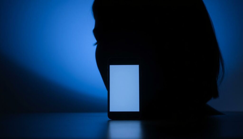 A dimly lit room, the only source of illumination being the glow of a smartphone screen showcasing the benefits of a dark user interface. The phone's display emits a warm, muted radiance, casting soft shadows across the user's face, accentuating the pleasing contrast between the dark surface and the highlights. In the background, a subtle gradient of muted blues and grays creates a calming, serene atmosphere, evoking a sense of tranquility and focus. The composition is balanced, with the phone's screen positioned centrally, guiding the viewer's attention to the core subject matter. The overall scene conveys the advantages of a dark mode interface - reduced eye strain, improved battery life, and a soothing, distraction-free experience.