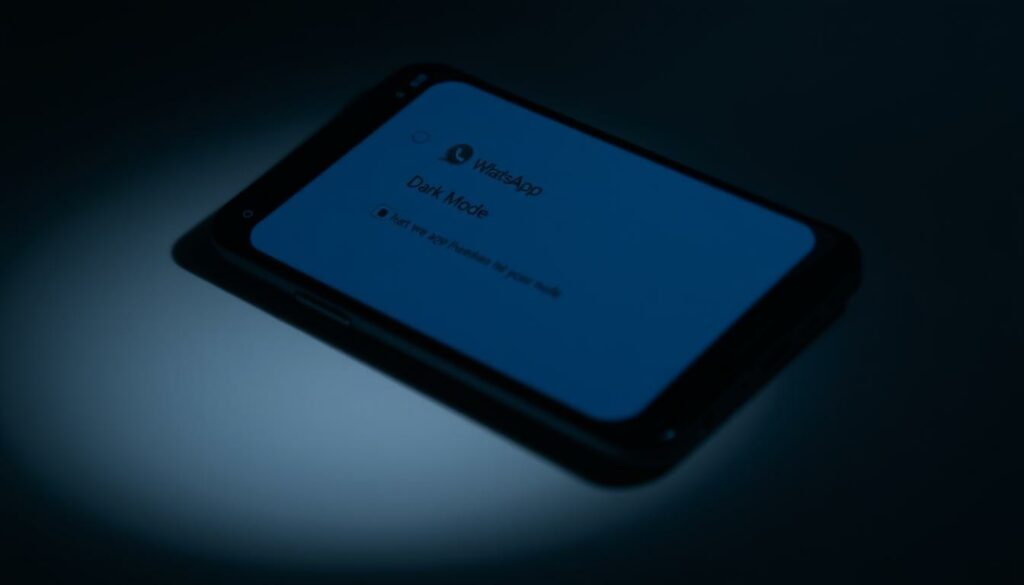A dimly lit smartphone screen displaying the WhatsApp settings menu, with the "Dark Mode" option prominently featured. The screen is surrounded by a subtle, shadowy environment, evoking a sense of tranquility and focus. The interface is clean and minimalist, with soft blue and gray tones. The overall atmosphere suggests a calming, intentional experience of activating the dark mode feature. Soft, directional lighting illuminates the screen, creating depth and highlighting the key UI elements. The angle is slightly tilted, providing an immersive, user-centric perspective.