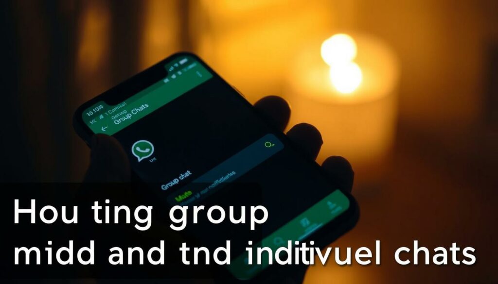 A dimly lit smartphone screen displaying the WhatsApp user interface, with a group chat conversation taking place. The screen shows the "Mute" option highlighted, indicating the action of silencing the group chat notifications. The phone is held in a hand against a blurred background, suggesting a personal, intimate setting. The overall mood is one of quiet focus and attention to the task at hand, reflecting the specific section title about muting group and individual chats.