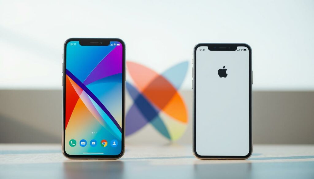 A dynamic, high-resolution image showcasing the contrast between Android and iPhone chat backgrounds. The foreground features two modern smartphones, one running Android and the other iOS, with their respective messaging app interfaces displayed. The middle ground depicts a vibrant, abstract design with intersecting geometric shapes and gradients, reflecting the distinct visual styles of the two mobile operating systems. The background is softly blurred, creating a sense of depth and focus on the central devices. The lighting is natural and diffused, casting a warm, inviting glow over the scene. The overall composition conveys a clean, minimalist aesthetic that highlights the unique chat customization options available on each platform.