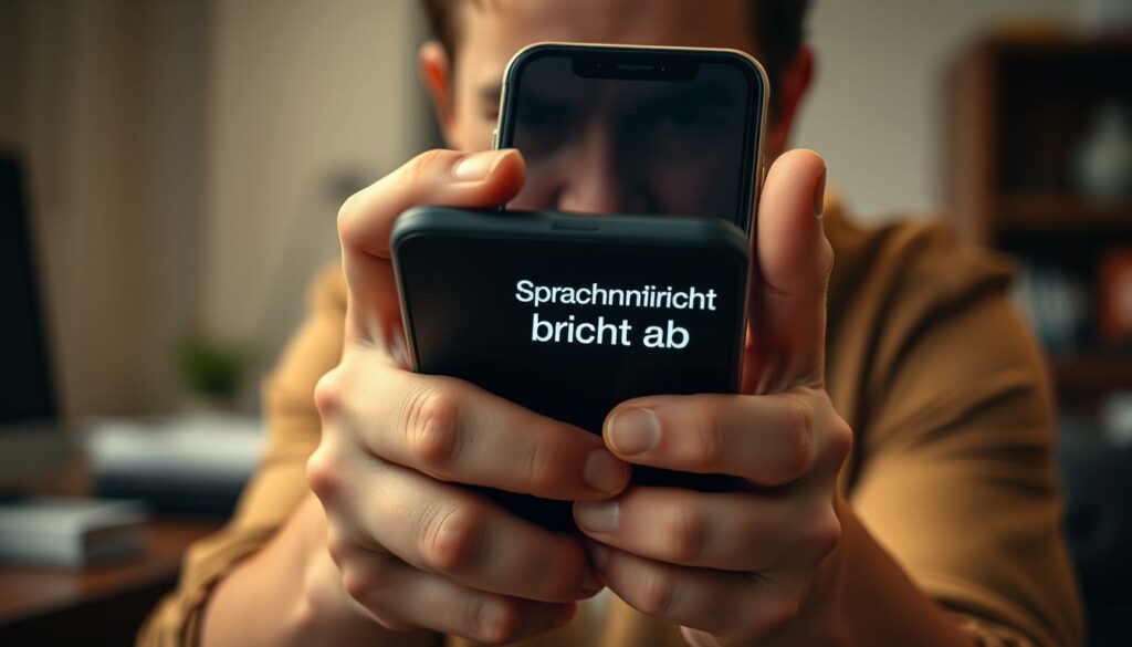 A frustrated person holding a smartphone, the screen displaying the "Sprachnachricht bricht ab" error message. The foreground shows the user's hands tightly gripping the phone, a look of annoyance on their face. The middle ground reveals the phone's display, the glitchy error message dominating the screen. The background is blurred, hinting at an office or domestic setting, conveying a sense of the user's exasperation with the failed voice message. Warm, muted lighting creates a somber, irritated mood. Captured from a slightly low angle, emphasizing the user's mounting frustration with the technical issue.
