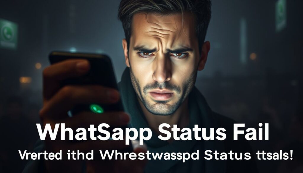 A frustrated person staring at a smartphone screen, surrounded by a hazy, dimly lit environment. The subject's expression conveys a sense of confusion and exasperation as they grapple with the issue of an unresponsive WhatsApp status update. The foreground focuses on the hand holding the device, the middle ground showcases the person's face with a furrowed brow, and the background is filled with a muted, out-of-focus cityscape, suggesting the setting is a crowded urban environment. The lighting is soft and moody, creating a sense of tension and unease, reflecting the theme of the "WhatsApp Status Fail" and the challenges of maintaining a visible online presence.