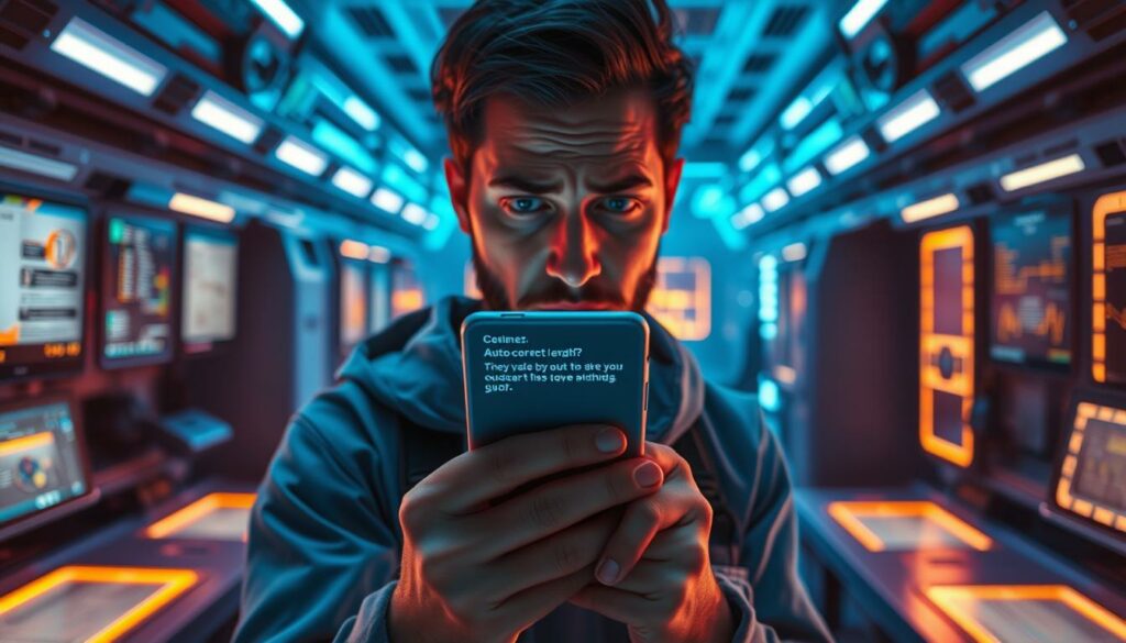 A futuristic tech lab filled with glowing screens and holographic displays. In the foreground, a confused engineer stares at their smartphone, its screen warped and distorted by a bizarre auto-correct error. The background is bathed in cool blue lighting, creating an atmosphere of sleek, high-tech wonder tinged with a hint of comedic mishap. The scene captures the intersection of advanced technology and the unintended, humorous consequences that can arise from its imperfect implementation.