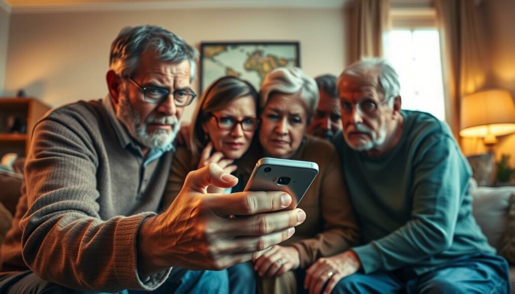 A group of adults huddled around a smartphone, their faces expressing confusion and bewilderment, as they attempt to navigate the complexities of the WhatsApp messaging app. The scene is set in a cozy, well-lit living room, with warm tones and soft lighting creating a sense of domesticity. In the foreground, a person's hand holds the phone, fingers clumsily tapping the screen, while their companions lean in, peering over their shoulder, their expressions ranging from puzzlement to mild amusement. The overall atmosphere conveys the common experience of parents struggling to keep up with the digital age, highlighting the relatable "WhatsApp Eltern Fails" scenario.