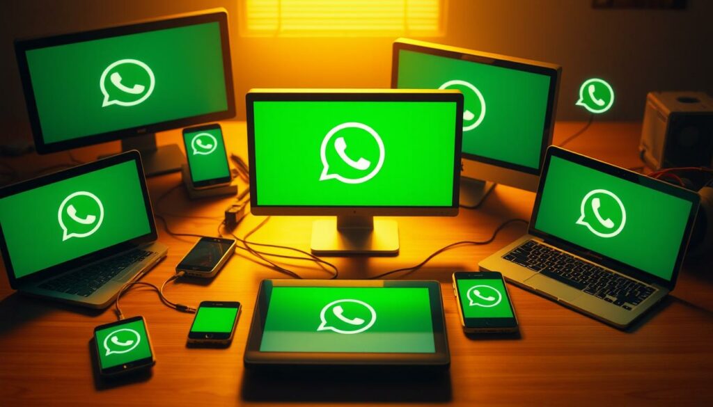 A group of connected devices, including smartphones, tablets, and computers, arranged in a synchronized and integrated network, showcasing the seamless integration of WhatsApp communication across multiple platforms without the need for a dedicated phone number. The scene is bathed in a warm, soft lighting, creating a sense of cohesion and connectivity. The devices are arranged in a visually appealing layout, highlighting their interconnectedness and the versatility of the WhatsApp experience. The overall atmosphere conveys a sense of modern, technologically-advanced productivity and collaboration, reflecting the section's focus on methods for using WhatsApp without a phone number.