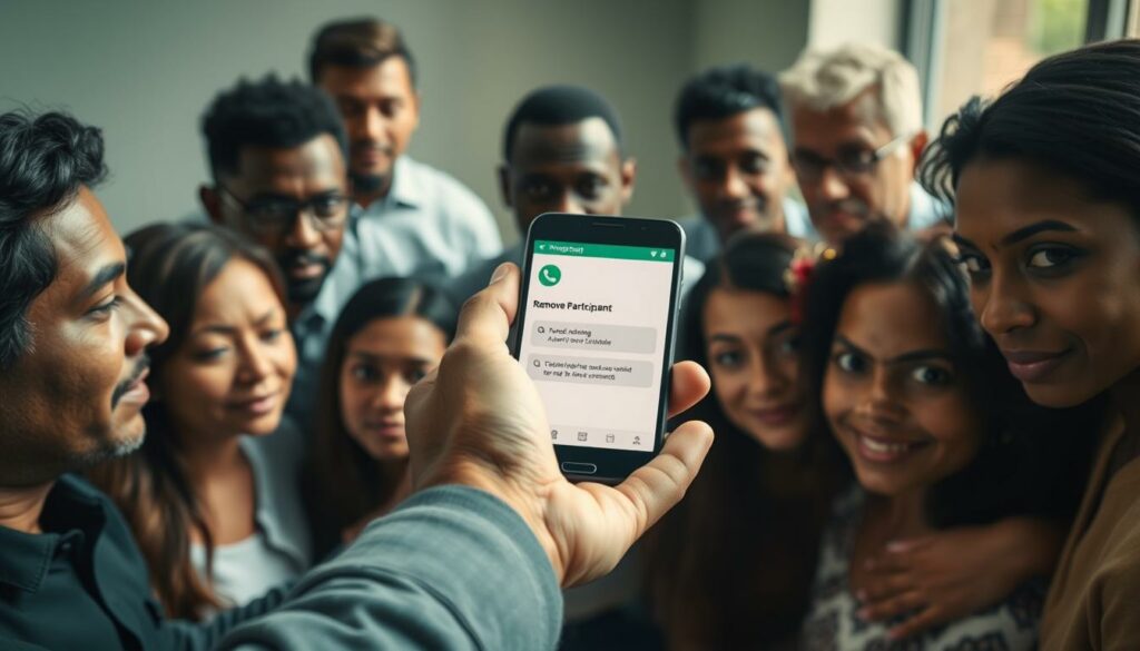 A group of diverse people, representing various ages and backgrounds, gathered around a smartphone displaying the WhatsApp interface. In the center, a hand hovers over the "Remove Participant" option, conveying the act of selectively removing a member from the group chat. The scene is illuminated by a soft, natural light, creating a contemplative atmosphere. The composition emphasizes the decision-making process, with the participants' expressions and body language reflecting the delicate nature of the task at hand. The overall mood is one of careful consideration, highlighting the need to handle such situations with sensitivity and professionalism.