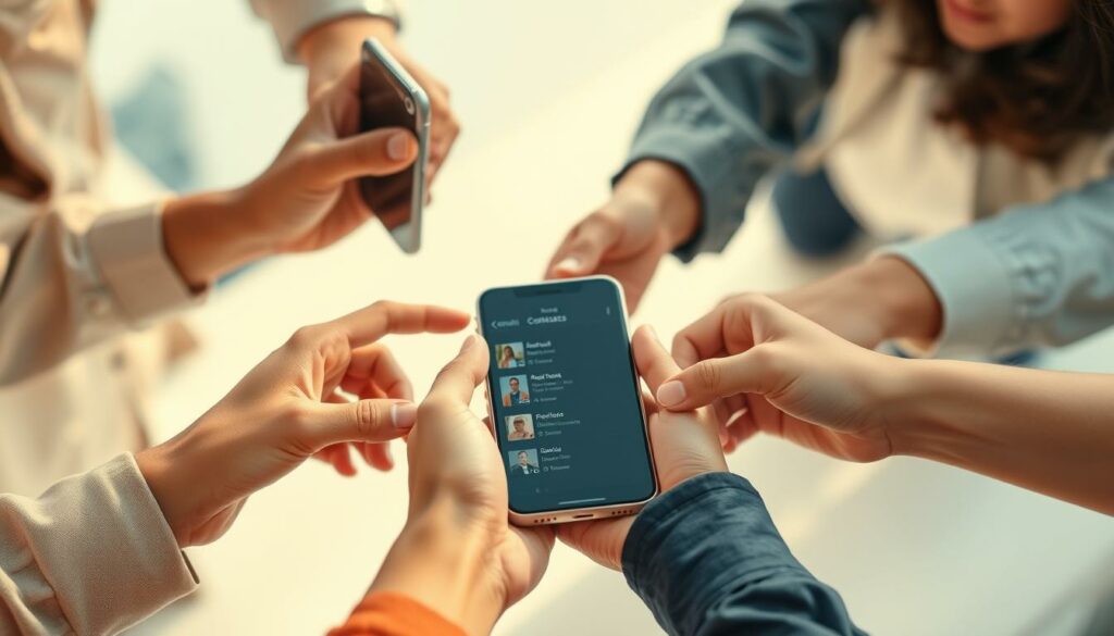 A group of diverse people's hands sharing digital contacts on a sleek smartphone screen, set against a clean, minimalist background. The foreground depicts the hands interlocked, seamlessly transferring contact information between devices. The middle ground showcases the smartphone's modern, uncluttered interface, emphasizing the ease of sharing multiple contacts simultaneously. The background has a soft, blurred gradient, creating a sense of focus and simplicity. Warm, natural lighting casts a subtle glow, conveying a collaborative, friendly atmosphere. The overall composition suggests the effortless process of sharing contacts on a mobile platform.