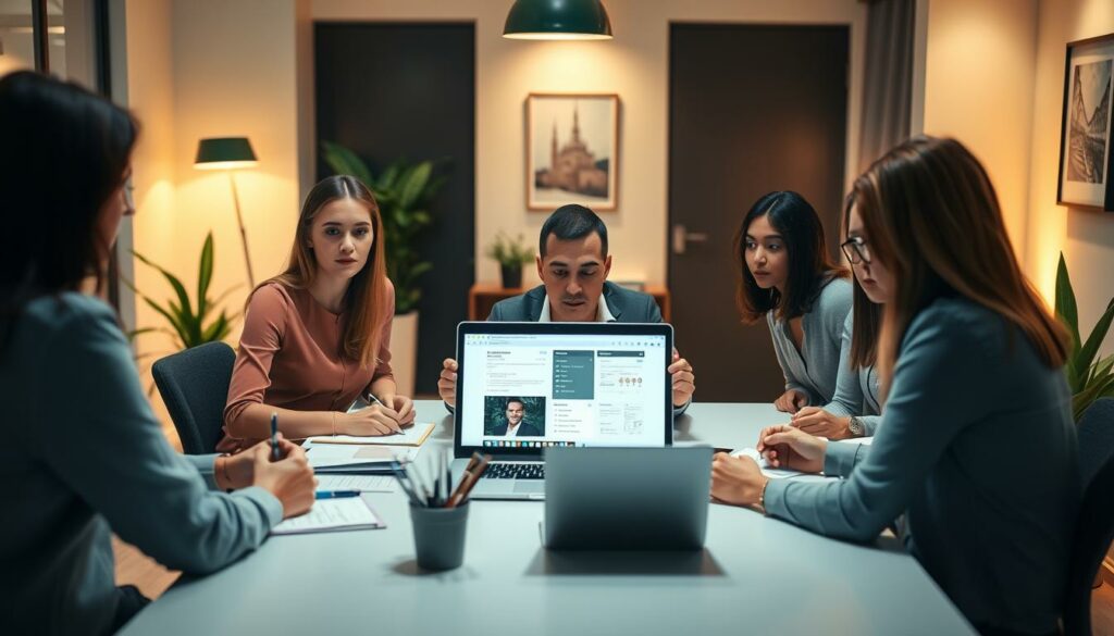 A group of professionals in a well-lit office setting, gathered around a table discussing administrative responsibilities. The scene features a central focal point of a person presenting information on a laptop, surrounded by attentive colleagues taking notes. The lighting is warm and inviting, creating a collaborative atmosphere. The background showcases modern office decor, including potted plants and minimalist artwork on the walls. The camera angle is slightly elevated, providing a bird's-eye view of the group, emphasizing the sense of teamwork and shared responsibility. The overall mood is one of organized, productive discussion around the topic of group moderation.