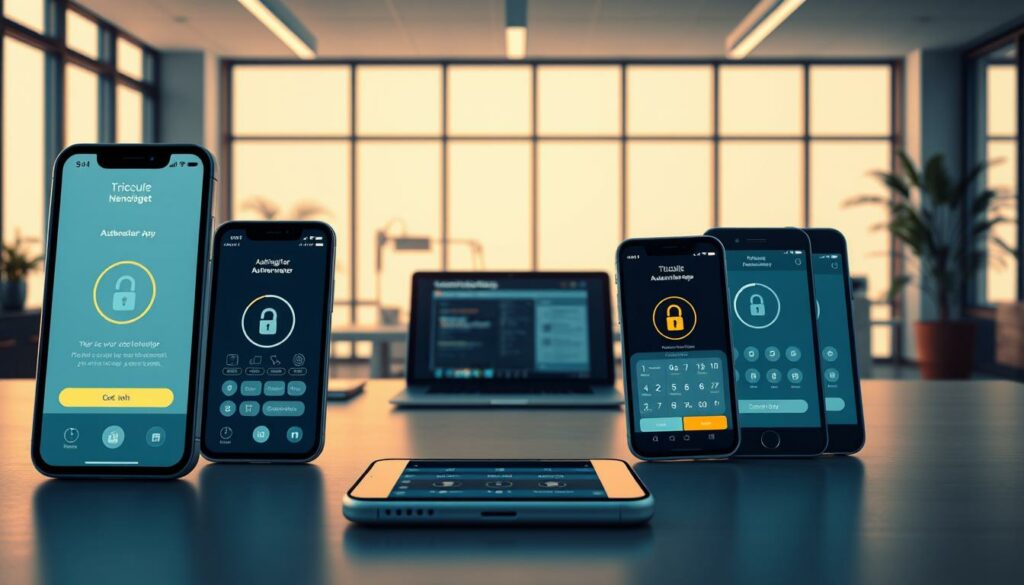 A high-quality, detailed illustration of "Authenticator-Apps Sicherheit", featuring a foreground with various smartphone screens displaying authenticator app interfaces, middle ground with a modern office desk setup including a laptop and smartphone, and a background of a minimalist, bright interior with large windows. The image should convey a sense of security, technology, and efficiency, with a focus on the authenticator app functionality. Use a warm, natural lighting setup and a slightly low camera angle to create depth and emphasize the technology in use. Render the scene with a clean, slightly stylized aesthetic, avoiding overly realistic or cluttered elements.