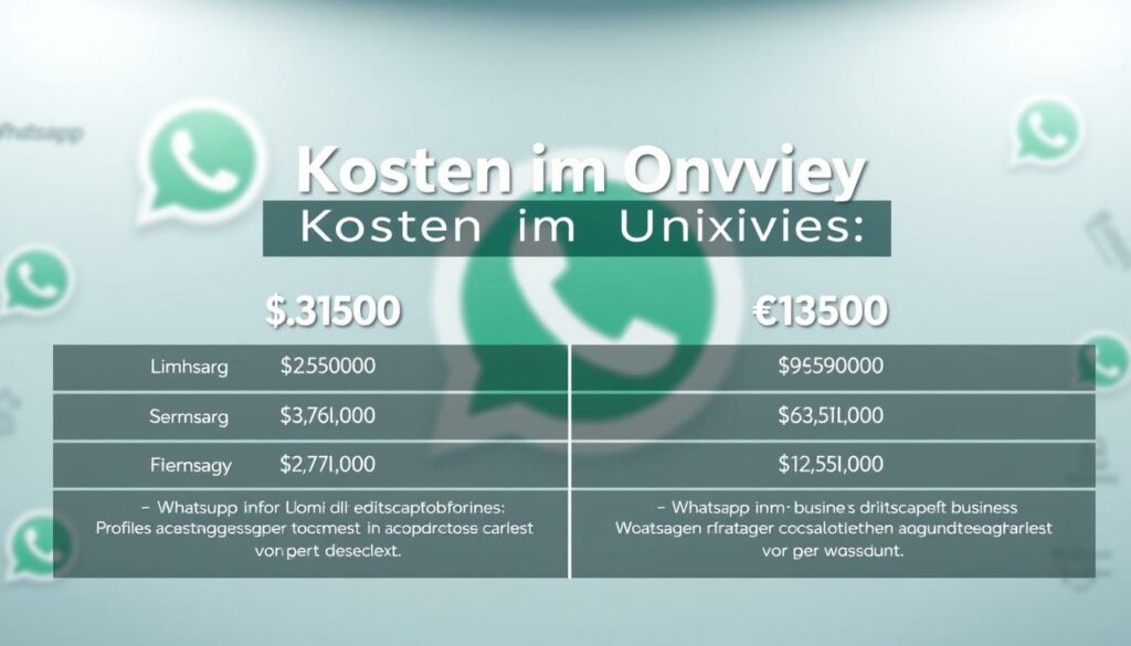 A high-quality infographic showcasing a side-by-side comparison of the costs associated with a WhatsApp Business account. Displayed in a sleek, minimalist style with clean typography and a color palette of blues, grays, and whites to convey a professional, trustworthy tone. The foreground features neatly organized data points highlighting the key pricing details, while the background subtly depicts the WhatsApp logo and iconography to reinforce the subject matter. Lighting is soft and even, with a slight depth of field to draw the viewer's focus. The overall composition is balanced and visually engaging, providing a clear, informative representation of the "Kosten im Überblick" for a WhatsApp Business profile.