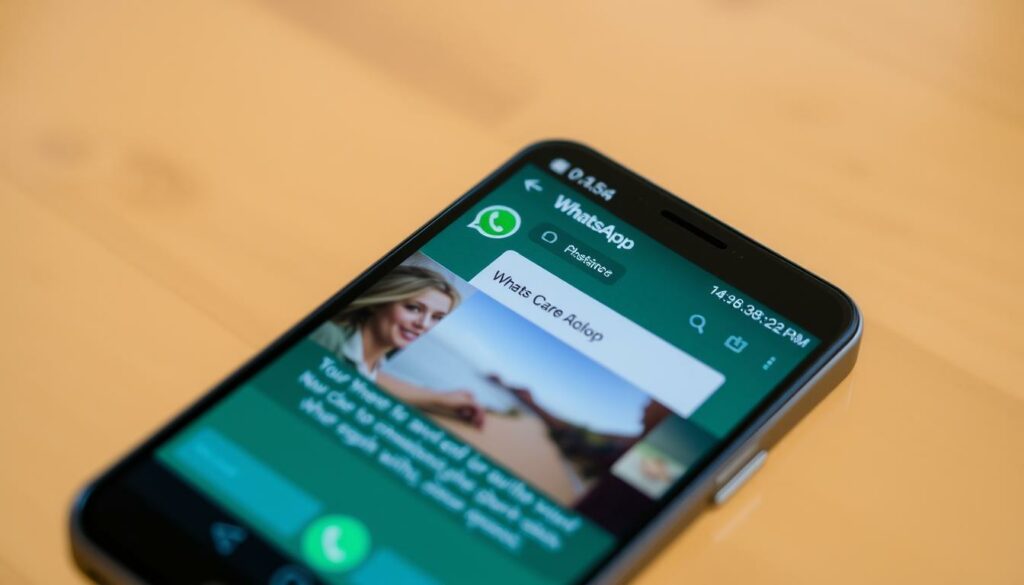 A high-resolution, detailed image of a smartphone screen displaying the WhatsApp user interface. The screen shows an image with a caption that can be edited, reflecting the process of adding a caption to a shared image on WhatsApp. The image is well-lit, with a soft, natural lighting that enhances the details of the interface. The smartphone is angled slightly towards the viewer, allowing for a clear and engaging perspective. The background is blurred, keeping the focus on the smartphone screen and the editing process. The overall mood is one of simplicity, clarity, and ease of use, conveying the straightforward nature of the WhatsApp caption editing feature.