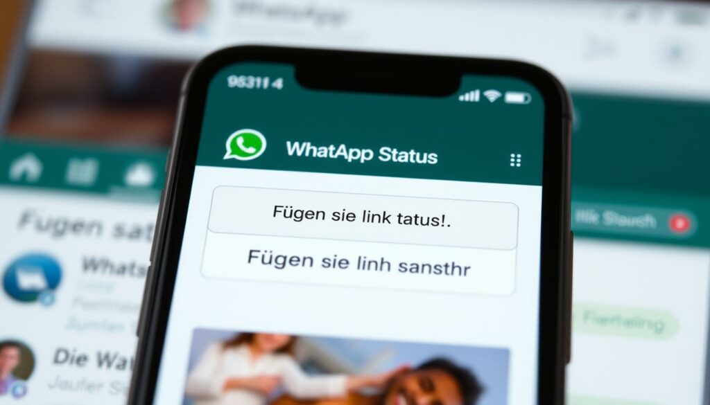 A high-resolution image of a modern smartphone screen displaying the WhatsApp app interface. The screen shows the WhatsApp Status section, with a prominent "Fügen Sie einen Link hinzu" button in the center. The background is a soft, blurred representation of the WhatsApp chat interface, providing context. The lighting is natural and diffused, creating a clean, crisp look. The camera angle is slightly elevated, giving a professional, editorial feel to the composition. The overall mood is one of simplicity and clarity, reflecting the step-by-step instructions for inserting a link into a WhatsApp Status.