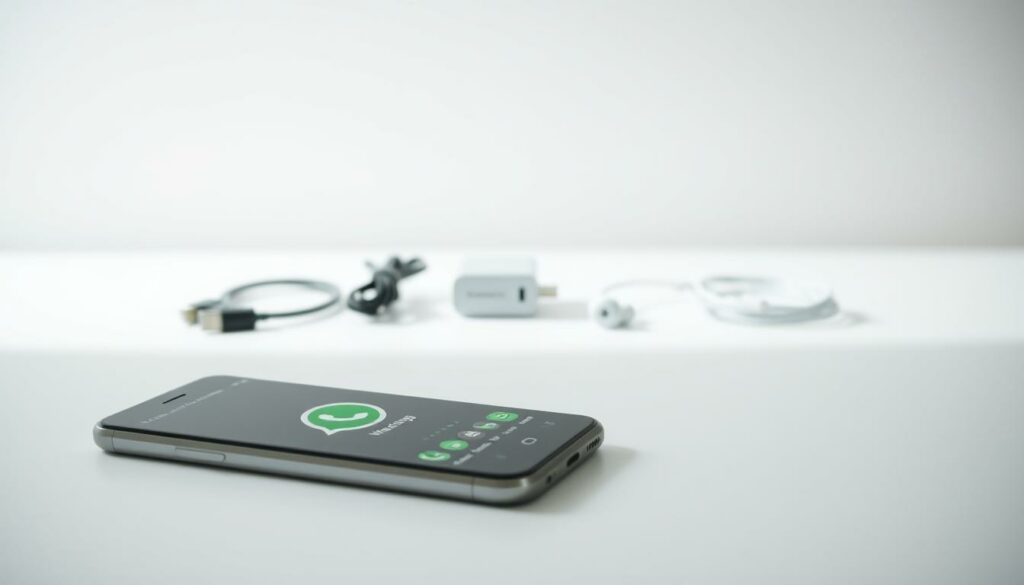 A high-resolution, photorealistic image of the necessary hardware and software requirements for changing the ringtone or call tone of WhatsApp on an Android device. The foreground features a modern Android smartphone with a clean, minimalist design, resting on a plain surface. In the middle ground, various common Android accessories are neatly arranged, including a USB cable, power adapter, and earphones. The background is a soft, blurred gradient, creating a sense of depth and focus on the central elements. The lighting is natural and diffused, giving the scene a crisp, professional feel. The overall atmosphere conveys a sense of simplicity, practicality, and technological competence.