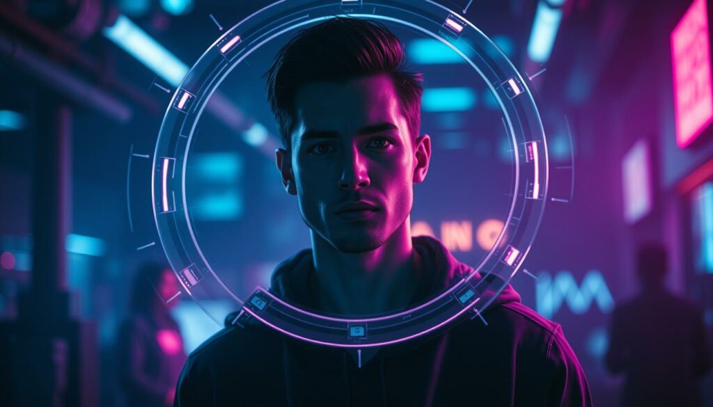 A highly detailed, photorealistic illustration of a person's identity being protected from identity theft. The scene depicts a person's digital profile or avatar surrounded by a protective shield or forcefield, symbolizing the security of two-factor authentication. The lighting is dramatic, with a moody, cyberpunk-inspired color palette of blues, purples, and neon accents. The composition emphasizes the central figure and their digital identity, with a blurred, high-tech background hinting at the technological elements involved in identity protection. The overall mood is one of power, security, and the triumph of safeguarding one's personal information.
