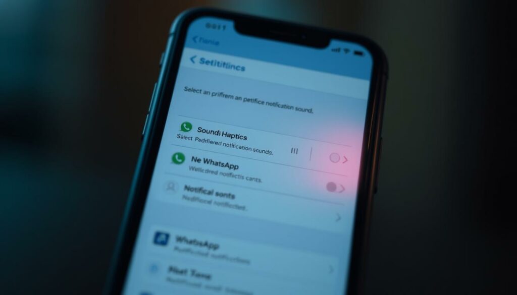 A meticulously crafted image of a modern smartphone screen, showcasing the iOS settings interface for customizing notification sounds. The screen is backlit with a soft, warm glow, highlighting the sleek, minimalist design. In the foreground, the "Sounds & Haptics" menu is prominently displayed, with various options for selecting and previewing different notification tones. The middle ground features a close-up view of the "WhatsApp" notification settings, allowing the user to easily identify and select their desired alert sound. The background subtly blurs, creating a sense of depth and focus on the primary task at hand. The overall atmosphere conveys a sense of simplicity, efficiency, and personalization, reflecting the user's ability to tailor their iOS experience to their preferences. Prompt