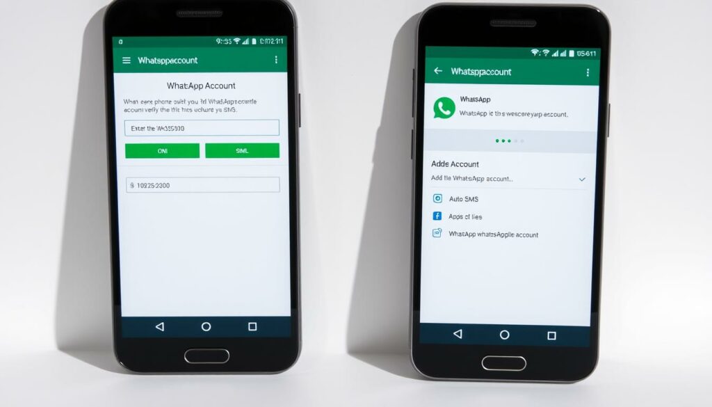 A meticulously detailed Android smartphone display, showing two WhatsApp account setups side-by-side. The foreground features the initial WhatsApp account configuration screens, with options to enter phone numbers and verify via SMS. The middle ground showcases the process of adding a second WhatsApp account, with a polished UI and smooth transitions. The background subtly fades into a soft, neutral gradient, allowing the core interactions to take center stage. Realistic lighting casts gentle shadows, while the camera angle provides an ergonomic, user-friendly perspective. The overall mood is one of clarity, simplicity, and a seamless, intuitive user experience tailored for the Android platform.