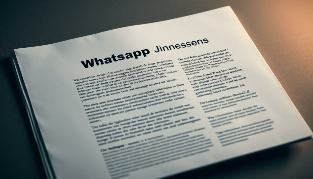 A meticulously detailed document titled "WhatsApp Nutzungsbedingungen" presented against a muted, professional backdrop. The pages are crisp and white, their edges slightly worn, conveying the authoritative nature of the material. Subtle ambient lighting casts a warm glow, creating a sense of importance and gravity. The layout is clean and organized, with carefully kerned typography reflecting the precise, legal nature of the content. The overall mood is one of seriousness and formality, inviting the viewer to closely examine the terms and conditions that govern the use of this ubiquitous messaging platform.