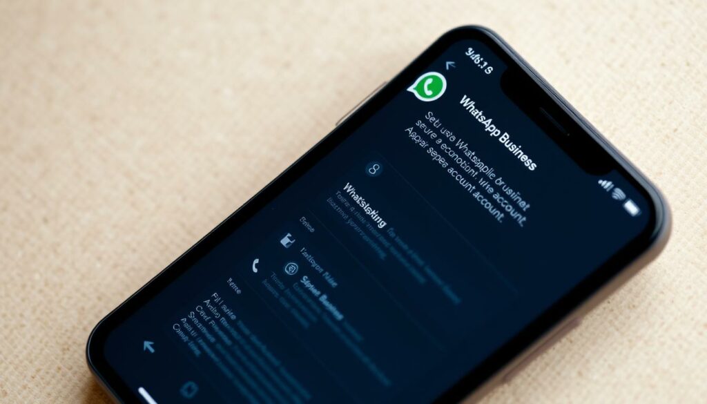 A meticulously detailed screenshot of the WhatsApp Business iOS setup process, presented in a clean and visually appealing manner. The foreground shows the iPhone's display, showcasing the various configuration steps required to set up a second WhatsApp account, with a minimalist UI and crisp icons. The middle ground depicts the iPhone itself, resting on a neutral-toned surface, captured from a slightly elevated perspective to provide context. The background is a softly blurred, subtly textured environment, creating a sense of depth and professionalism. Excellent lighting conditions, with a balanced, natural illumination that highlights the screen's clarity and the device's sleek design. An overall mood of efficiency, simplicity, and user-friendliness, reflecting the core functionality of the WhatsApp Business app on iOS.