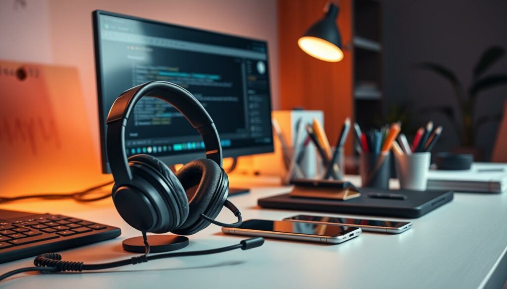 A meticulously organized workspace, brimming with a diverse array of customer service tools. In the foreground, a sleek, modern headset rests atop a minimalist desk, its smooth lines and muted tones conveying a sense of professionalism. Nearby, a high-resolution monitor displays a clean, intuitive user interface, ready to assist customers with their inquiries. In the middle ground, a neatly arranged selection of stationery and communication devices, including a modern smartphone and a tablet, hint at the versatility of the support setup. The background is bathed in warm, diffused lighting, creating a calming and inviting atmosphere, perfect for fostering productive and empathetic interactions with clients.