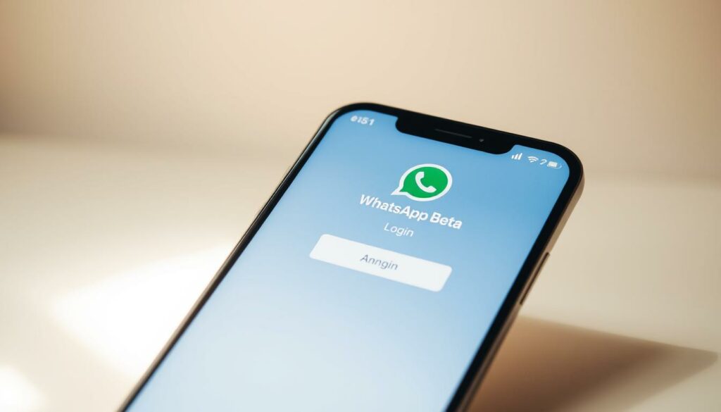 A minimalist but highly detailed Android smartphone display showcasing the WhatsApp Beta login screen. The screen is bathed in a warm, diffused light, creating a soft, inviting atmosphere. The interface is cleanly designed, with crisp icons and a simple, uncluttered layout. The phone is positioned in a way that emphasizes the login process, with the "Anmeldung" (Login) button prominently featured. The background is slightly blurred, keeping the focus on the WhatsApp Beta app. The overall composition conveys a sense of anticipation and excitement about accessing new features through the beta program.