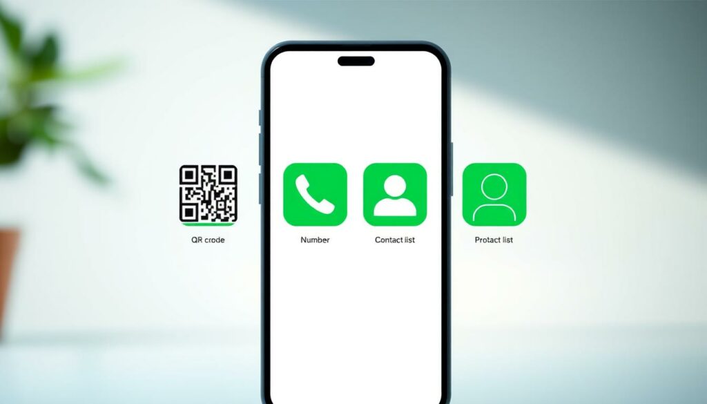 A minimalist, clean, and modern illustration depicting various methods for adding WhatsApp contacts. In the foreground, display a smartphone screen with four distinct contact addition icons - QR code, phone number, contact list, and profile. Utilize a soft, pastel color palette with a blurred, out-of-focus background to draw the viewer's attention to the key elements. Lighting should be diffused and natural, with a slightly overhead angle to create depth and shadow. The overall mood should be calm, organized, and informative, reflecting the ease and simplicity of adding contacts to WhatsApp.