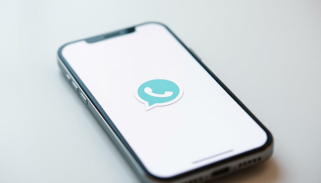 A minimalist iPhone screen with a vibrant, custom-designed sticker in the center. The sticker features a simple, clean illustration of a hand-drawn WhatsApp icon, rendered in a playful, hand-lettered style with soft, pastel colors. The background is a soft, blurred gradient, creating a sense of depth and focus on the sticker. The lighting is natural and diffused, with a slight warm tone, lending a cozy, inviting atmosphere. The camera angle is slightly elevated, creating a sense of pride and accomplishment in the custom-made sticker.