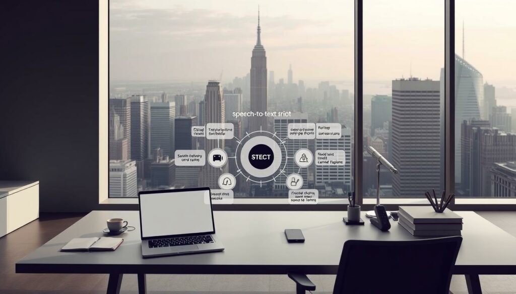 A minimalist, sleek office setting with a large window overlooking a bustling city skyline. In the foreground, a modern desk with a laptop, smartphone, and various productivity tools. The middle ground features a stylized diagram or infographic showcasing different speech-to-text transcription methods, including visual icons and concise labels. The background has muted hues and soft lighting, creating a calm and professional atmosphere. The overall composition conveys a sense of efficiency, innovation, and the search for effective solutions to transcription challenges.