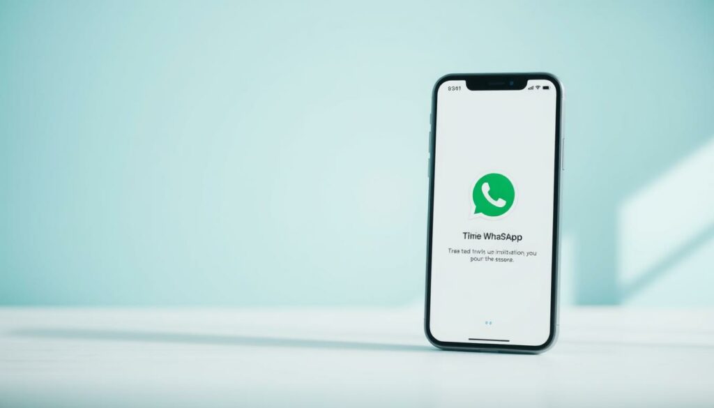 A minimalistic and visually appealing WhatsApp invitation design. In the foreground, a clean and modern smartphone screen displays the WhatsApp interface, emphasizing the invitation creation process. The background is a soft, blurred gradient in calming shades of blue and green, creating a serene and inviting atmosphere. The lighting is natural and diffused, with gentle highlights on the screen to draw the viewer's attention. The camera angle is slightly elevated, providing a comfortable and accessible perspective. The overall composition conveys a sense of simplicity, functionality, and digital connectivity, reflecting the step-by-step guide for creating a WhatsApp invitation.