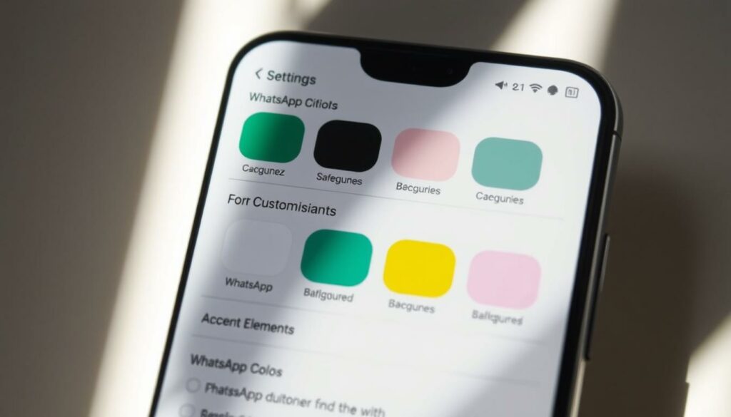 A mobile device screen displaying the settings menu for WhatsApp chat customization, with clean and intuitive user interface design. The screen shows various color options for chat bubbles, backgrounds, and accent elements, allowing the user to personalize their WhatsApp experience. The image has a modern, minimalist aesthetic, with a soft, neutral color palette and clear typography. The lighting is natural and diffused, creating a calm and inviting atmosphere, reflecting the focus on user control and customization in the context of the article's subject.
