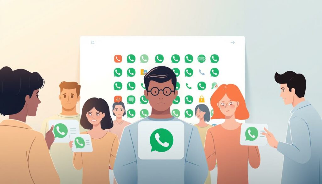 A modern and minimalist illustration showcasing the key WhatsApp features for team collaboration. In the foreground, a group of diverse avatars interact with WhatsApp interface elements like group chat, voice/video calls, and file sharing. The middle ground depicts an abstract grid of WhatsApp icons, representing the versatile functionality. The background features a clean, gradient-based environment with subtle textures, conveying a professional and organized atmosphere. The overall mood is one of efficiency, teamwork, and digital productivity.